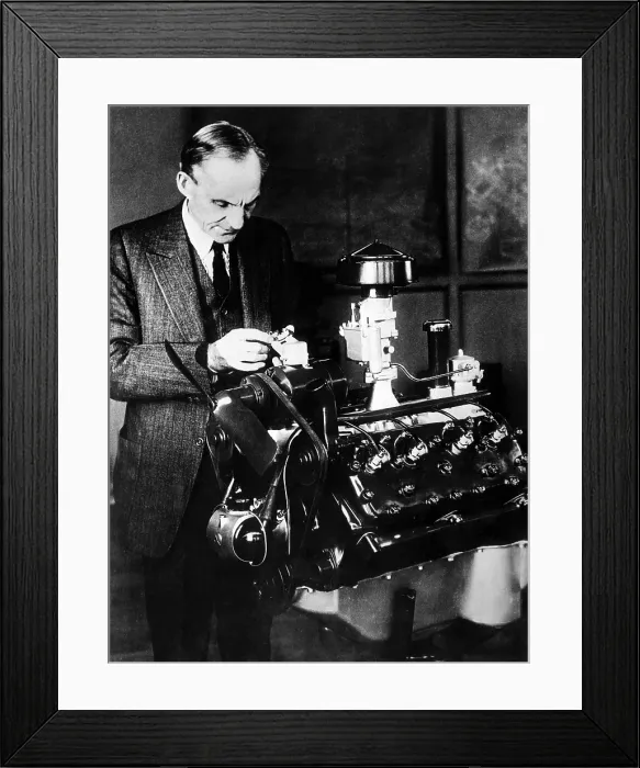 Framed Print : Henry Ford inspecting his new V-8 motor. ca. 1932. Courtesy: CSU Archives / Everett Collection