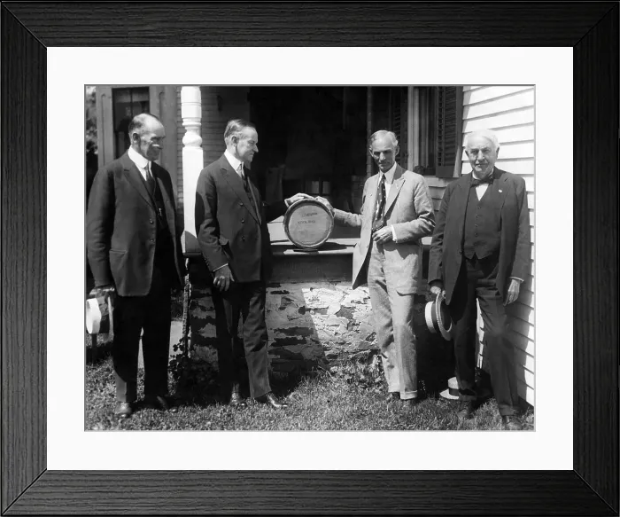 Framed Print : Col. John Coolidge, President Calvin Coolidge, Henry Ford, and Thomas Edison, at the Coolidge Farmhouse in Plymouth, Vermont. ca. 1923-1926