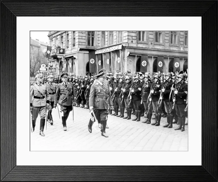 Framed Print : Hermann Goering, (foreground, center), greeting Vienna Police officers who are lined up in front of his hotel, Austria, 1938.. Courtesy: CSU Archives  /  Everett Collection