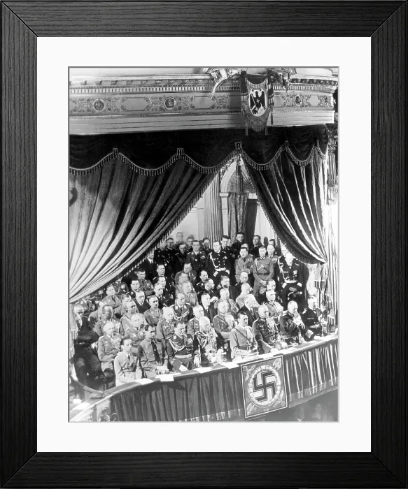 Framed Print : L-R front row: Joseph Goebbels, Rudolf Hess, Hermann Goering, August Von Mackensen, Adolf Hitler, General Werner Von Bloomberg, General Wilhelm Frick, Admiral Erich Raeder Framed Print : L-R front row: Joseph Goebbels, Rudolf Hess, Hermann Goering, August Von Mackensen, Adolf Hitler, General Werner Von Bloomberg, General Wilhelm Frick, Admiral Erich Raeder