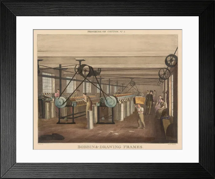 Framed Print : British 1840s depiction the Progress of Cotton, by Richard Barfoot, 5 of 12. After the cotton is carded, it is processed in the Bobbin and Drawing-Frames