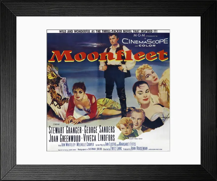 Framed Print : MOONFLEET, US poster, Stewart Granger (standing), right from front: Jon Whiteley, George Sanders, Viveca Lindfors, Joan Greenwood, 1955