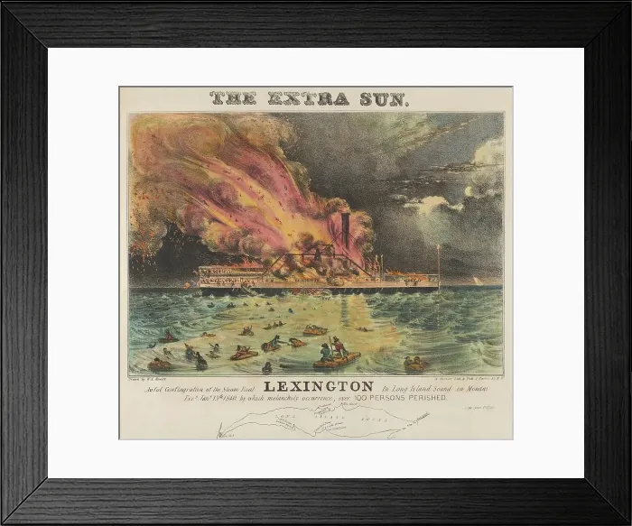 Framed Print : Steam Boat Lexington burning in Long Island Sound on January 13th, 1840, killing about 140 people, leaving 3 survivors