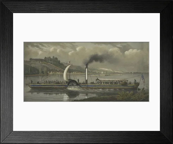 Framed Print : Robert Fulton's steamboat, Clermont, on the Hudson River with paying passengers on board, while making the trip between New York City and Albany, ca