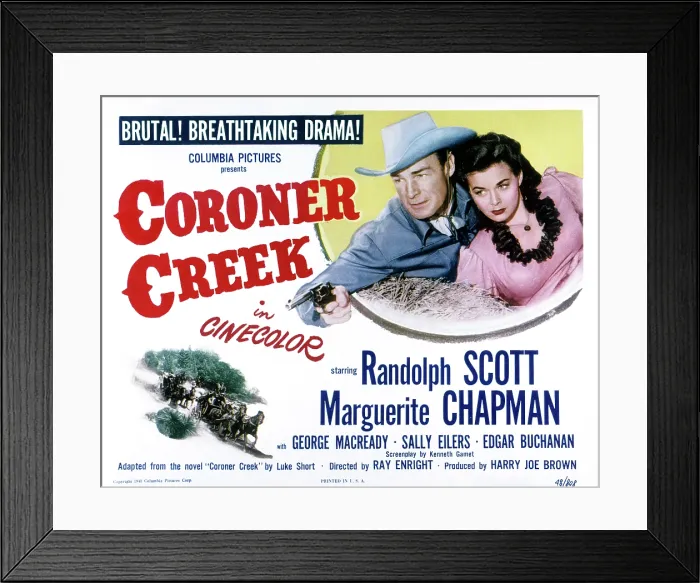 Framed Print : CORONER CREEK, Randolph Scott, Marguerite Chapman, 1948