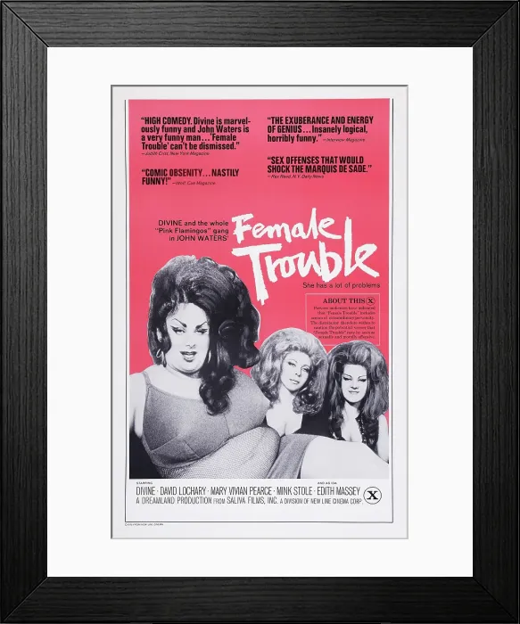 Framed Print : FEMALE TROUBLE, poster art, from left: Divine, Susan Walsh, Cookie Mueller, 1974