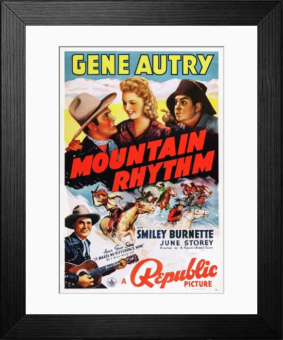 Framed Print : MOUNTAIN RHYTHM, top l-r: Gene Autry, June Storey, Smiley Burnette, bottom: Gene Autry on poster art, 1939
