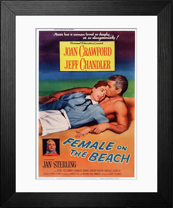 Framed Print : FEMALE ON THE BEACH, US poster art: from left: Joan Crawford, Jeff Chandler: left insert: Jan Sterling, 1955