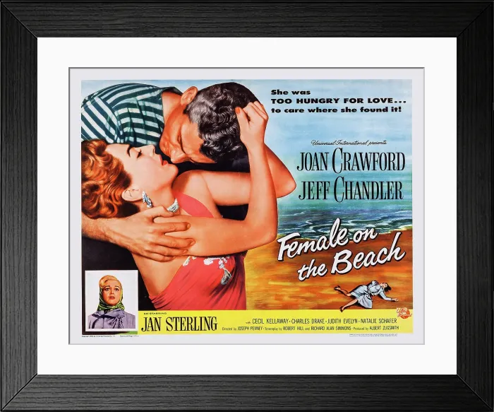 Framed Print : FEMALE ON THE BEACH, US poster art: from left: Joan Crawford, Jeff Chandler: left insert: Jan Sterling, 1955