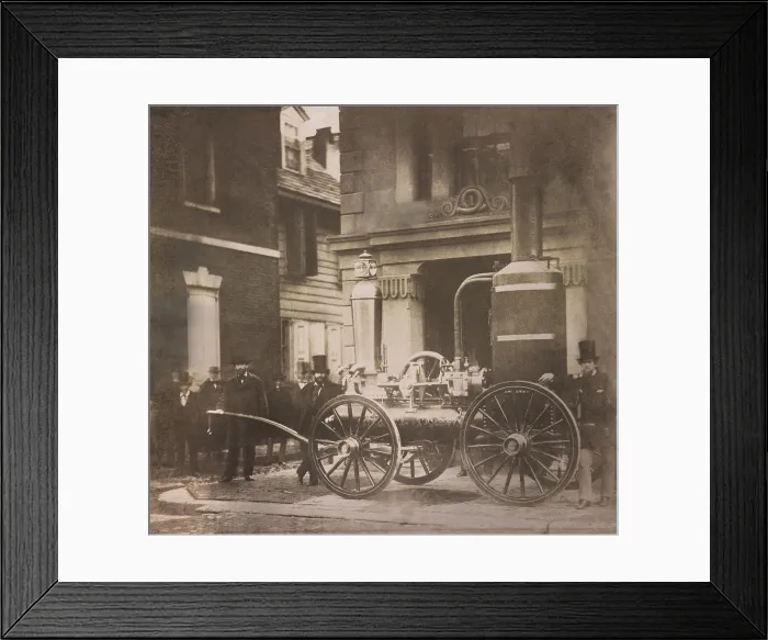 Framed Print : Philadelphia fire company poses with an early mobile steam pressurized water pump in the 1850s Framed Print : Philadelphia fire company poses with an early mobile steam pressurized water pump in the 1850s