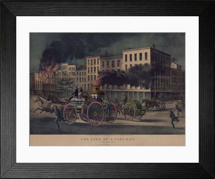 Framed Print : Urban firefighters of the 1860's on their horse-drawn steam pumper fire engine, which has a boiler to pressurize water to fight the flames