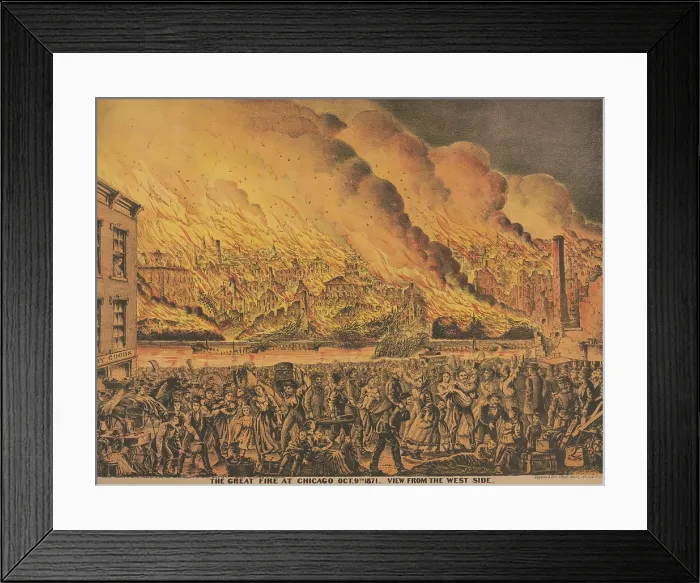 Framed Print : Great Chicago Fire, Oct. 9, 1871. People escape across the bridges over the Chicago River, a few with some belongings, but most without Framed Print : Great Chicago Fire, Oct. 9, 1871. People escape across the bridges over the Chicago River, a few with some belongings, but most without