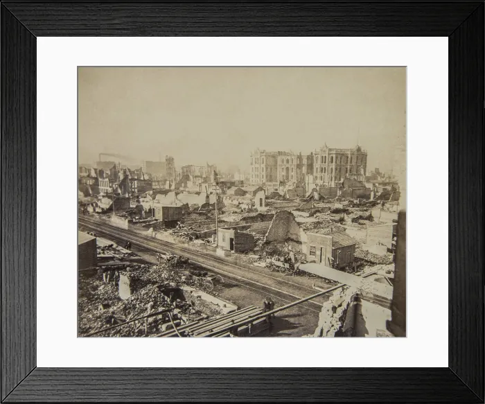 Framed Print : Great Chicago Fire, Oct. 9, 1871. In the right distance are the ruins of the Bigelow House, a new luxury hotel that was scheduled to open the day of the fire