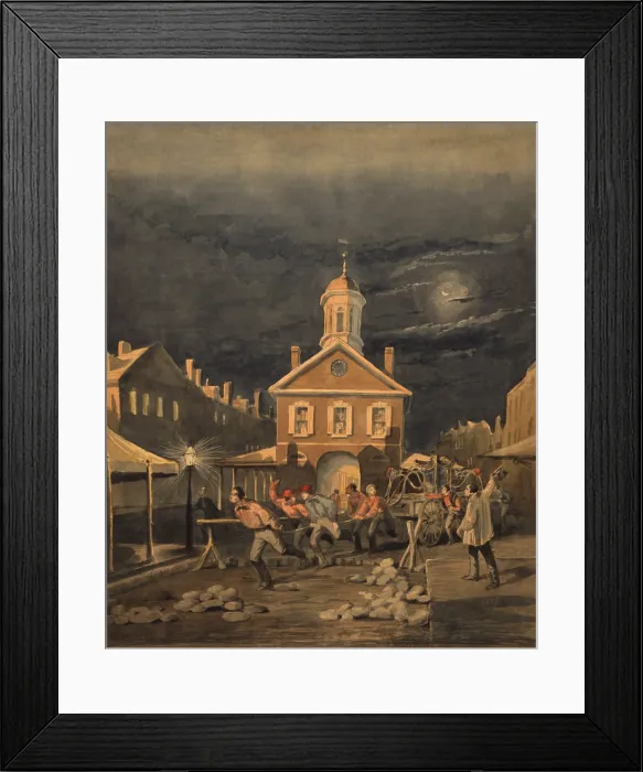 Framed Print : Firemen pull a fire engine, in this watercolor painting by James Fuller Queen, c. 1857. At this time, volunteers staffed the private urban fire companies funded by contributions