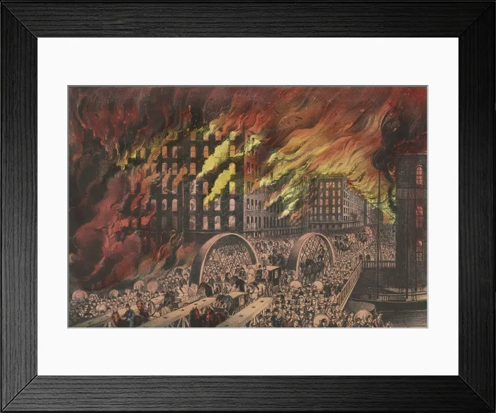 Framed Print : Great Chicago Fire, Oct. 9, 1871. People flee the burning city over the Randolph Street Bridge. This view is from the west bank of the Chicago River (BSLOC_2019_8_171) Framed Print : Great Chicago Fire, Oct. 9, 1871. People flee the burning city over the Randolph Street Bridge. This view is from the west bank of the Chicago River (BSLOC_2019_8_171)