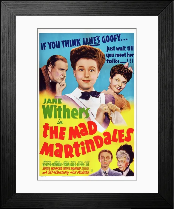 Framed Print : THE MAD MARTINDALES, poster art, top l-r: Alan Mowbray, Jane Withers, Marjorie Weaver, bottom l-r: Jimmy Lydon, Kathleen Howard, 1942. TM and Copyright 20th Century Fox Film Corp Framed Print : THE MAD MARTINDALES, poster art, top l-r: Alan Mowbray, Jane Withers, Marjorie Weaver, bottom l-r: Jimmy Lydon, Kathleen Howard, 1942. TM and Copyright 20th Century Fox Film Corp