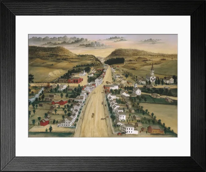Framed Print : Poestenkill, New York, in 1870 oil painting by Joseph H. Hidley. The artist applied an aerial view to his naive styled depiction of the town, its buildings, and environs Framed Print : Poestenkill, New York, in 1870 oil painting by Joseph H. Hidley. The artist applied an aerial view to his naive styled depiction of the town, its buildings, and environs