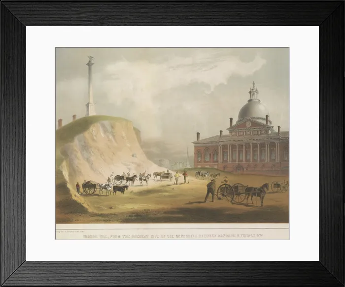 Framed Print : Boston's Beacon Hill in 1811, was drawn made on the spot by John Rubans Smith. Laborers excavate to reduce the hill's height