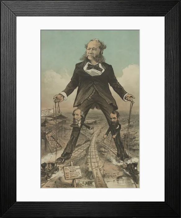 Framed Print : THE MODERN COLOSSUS OF (RAIL) ROADS, 1879 political cartoon in PUCK MAGAZINE