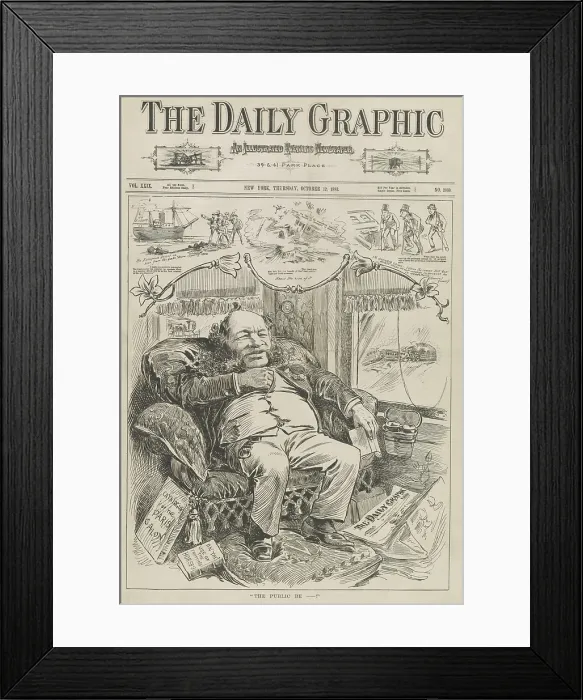 Framed Print : THE PUBLIC BE ---! Political cartoon of William Vanderbilt relaxing in a luxurious railroad car as trains collide outside his window Framed Print : THE PUBLIC BE ---! Political cartoon of William Vanderbilt relaxing in a luxurious railroad car as trains collide outside his window