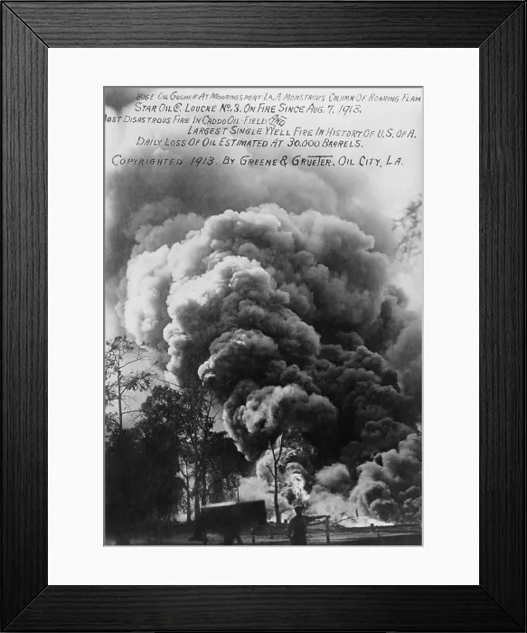 Framed Print : Huge oil gusher fire billows a monstrous column of roaring flame and smoke, August 1913. It started on Aug. 7, at the Star Oil Co. Loucke no
