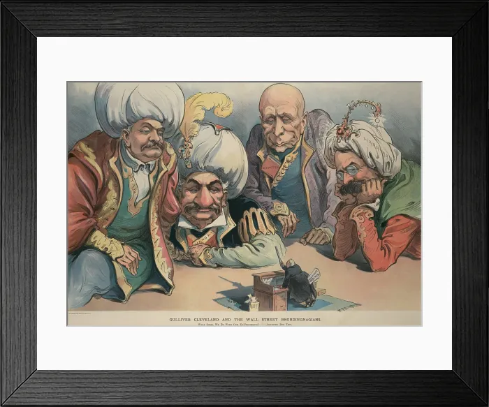 Framed Print : GULLIVER CLEVELAND AND THE WALL STREET BROBDINGNAGIANS, PUCK MAGAZINE, Jan. 1906. Political cartoon shows Gilded Age tycoons as giant sheikhs wearing turbans. Thomas F. Ryan, J Framed Print : GULLIVER CLEVELAND AND THE WALL STREET BROBDINGNAGIANS, PUCK MAGAZINE, Jan. 1906. Political cartoon shows Gilded Age tycoons as giant sheikhs wearing turbans. Thomas F. Ryan, J