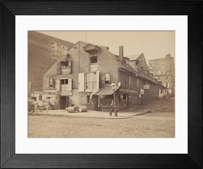 Framed Print : Stores on Philadelphia's Race Street Wharf, c. 1880. Brick building's business tenants include a fish and cheese store, a sail maker, and public weigher