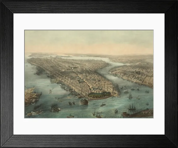 Framed Print : Bird's Eye View of New York, showing the Battery, Manhattan, Brooklyn, and the East River in the 1850s (BSLOC_2019_8_185)