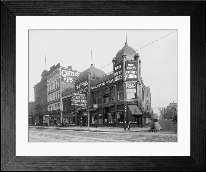 Framed Print : Commercial street in Detroit, MI, includes a credit parlor among clothing and furniture stores Framed Print : Commercial street in Detroit, MI, includes a credit parlor among clothing and furniture stores