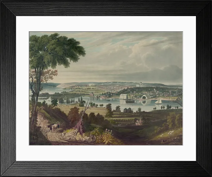 Framed Print : The city of Washington DC from Anacostia, as it was in 1834, showing the Navy Yard and Capitol at right, the Arsenal and White House at left