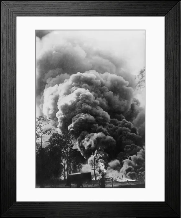 Framed Print : Huge oil gusher fire billows a monstrous column of roaring flame and smoke, August 1913. It started on Aug. 7, at the Star Oil Co. Loucke no