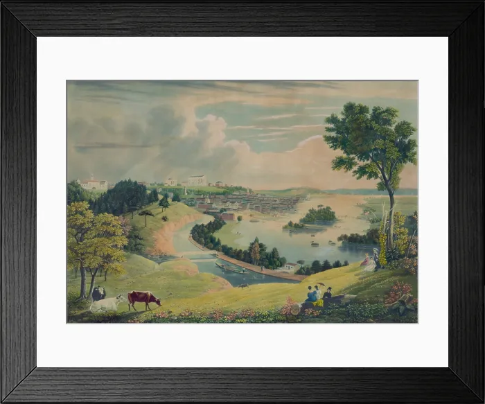 Framed Print : Richmond, Virginia, the James River, and the Kanawha Canal, as seen from the hill above the waterworks, c. 1830. In center left is the white classical Virginia State Capitol