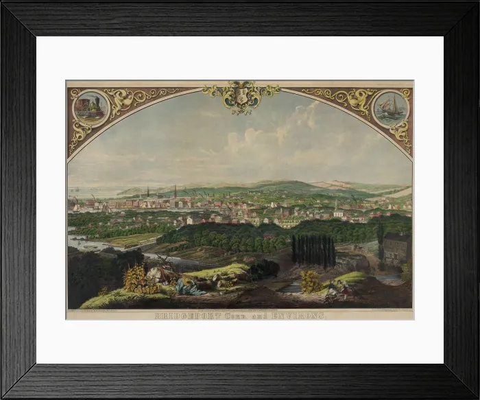 Framed Print : Bridgeport, Connecticut as seen from Old Mill Hill, c. 1857, hand-colored lithograph by Walter Staengel. In the second half of the 19th century, Bridgeport industrialized
