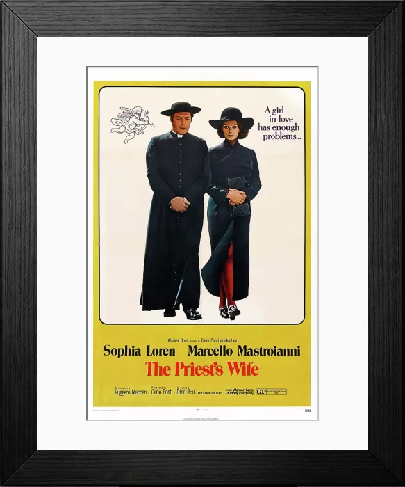 Framed Print : THE PRIEST'S WIFE, (aka LA MOGLIE DEL PRETE), US poster art, from left: Marcello Mastroianni, Sophia Loren, 1970