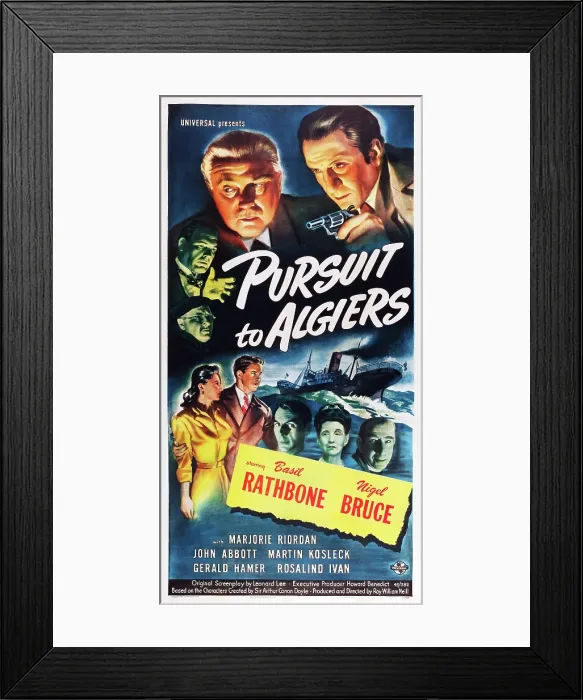 Framed Print : PURSUIT TO ALGIERS, Basil Rathbone, Nigel Bruce, Marjorie Riordan, Rosalind Ivan, Martin Kosleck, John Abbott, Gerald Hamer, 1945 Framed Print : PURSUIT TO ALGIERS, Basil Rathbone, Nigel Bruce, Marjorie Riordan, Rosalind Ivan, Martin Kosleck, John Abbott, Gerald Hamer, 1945