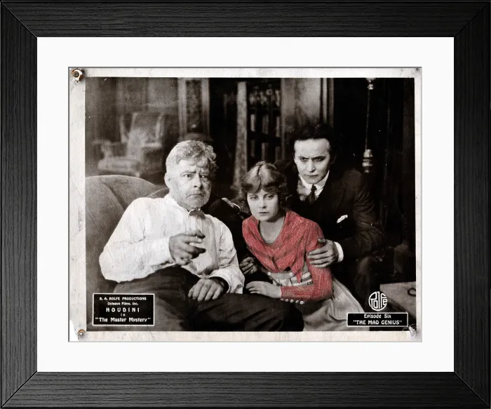 Framed Print : THE MASTER MYSTERY, from left, Jack Burns, Ruth Stonehouse, Harry Houdini, episode six, The Mad Genius, 1919