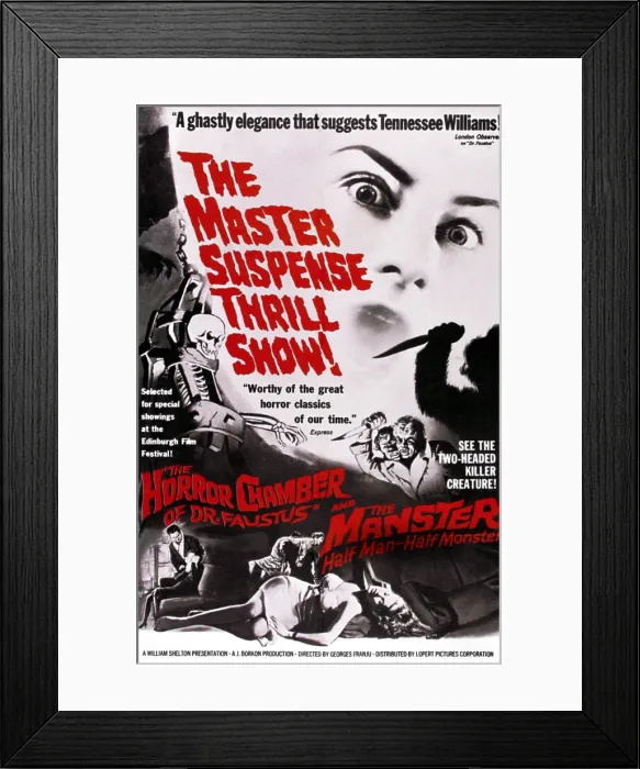 Framed Print : THE MANSTER, (aka THE SPLIT), on double bill poster with THE HORROR CHAMBER OF DR. FAUSTUS, 1962 Framed Print : THE MANSTER, (aka THE SPLIT), on double bill poster with THE HORROR CHAMBER OF DR. FAUSTUS, 1962