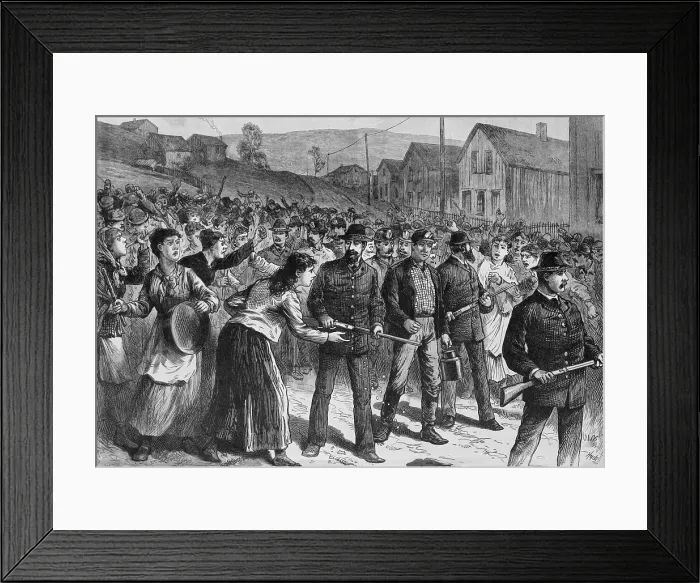 Framed Print : Striking miners and their women harass Blackleg workers protected by armed Pinkerton guards