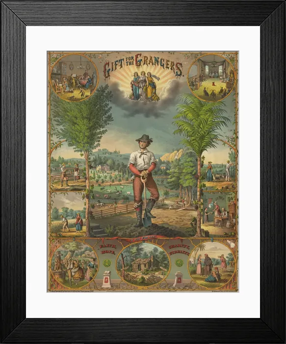 Framed Print : Promotional print for the agricultural fraternal organization, the Grange, short for National Grange of the Patron's of Husbandry, ca. 1873 Framed Print : Promotional print for the agricultural fraternal organization, the Grange, short for National Grange of the Patron's of Husbandry, ca. 1873