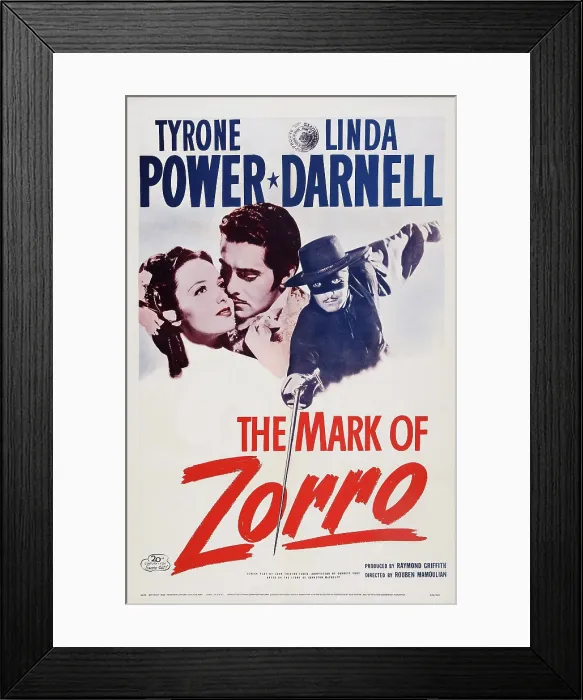 Framed Print : THE MARK OF ZORRO, US poster art, from left: Linda Darnell, Tyrone Power, 1940. TM and Copyright 20th Century Fox Film Corp. All rights reserved /  Courtesy: Everett Collection