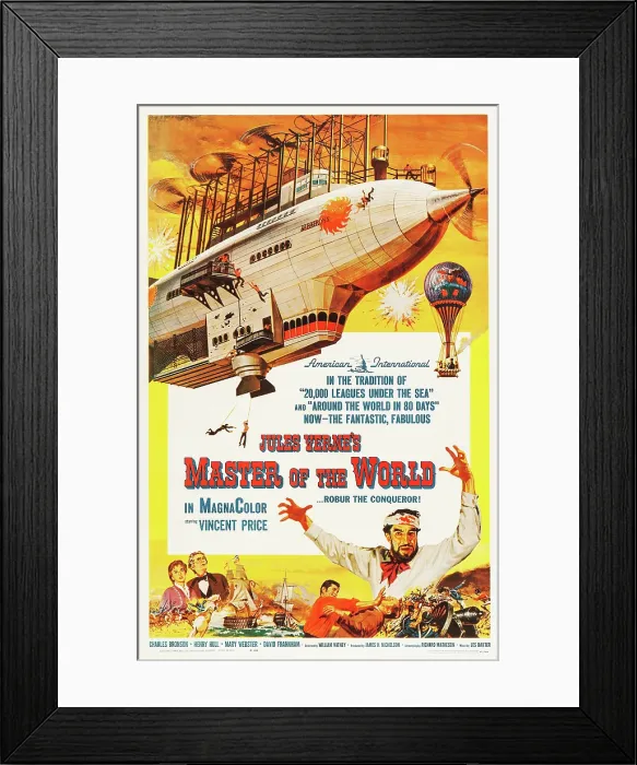 Framed Print : MASTER OF THE WORLD, US poster art, lower right, with arms upraised: Vincent Price; at bottom, from left: Mary Webster, Henry Hull, Charles Bronson