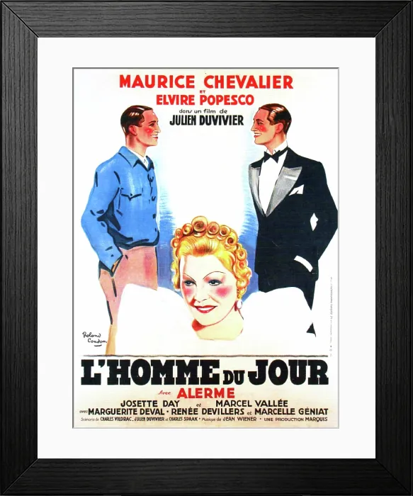 Framed Print : THE MAN OF THE HOUR, (aka L'HOMME DU JOUR), French poster art, from left: Maurice Chevalier, Elvire Popesco, Maurice Chevalier, 1937