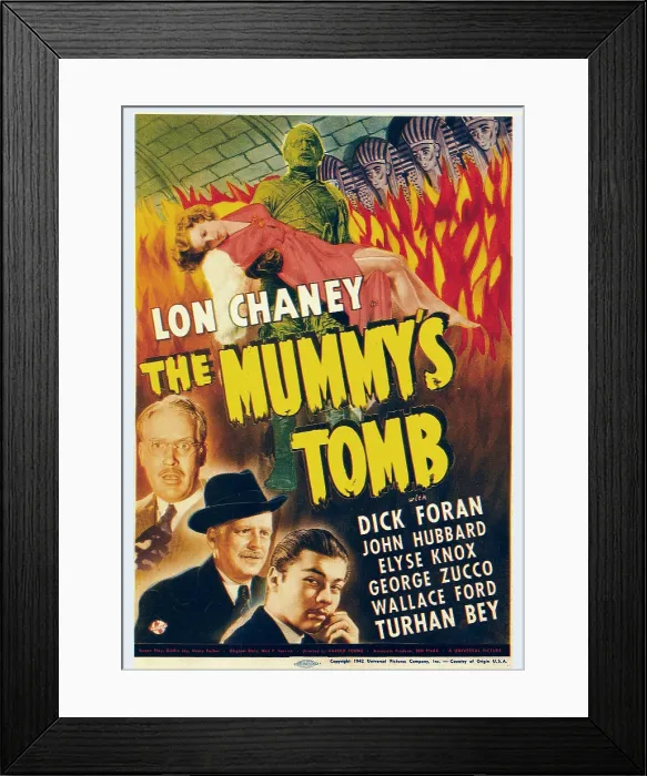 Framed Print : THE MUMMY'S TOMB, top: Lon Chaney Jr. Elyse Knox, bottom center: Wallace Ford, bottom right: Turhan Bey on midget window card, 1942 Framed Print : THE MUMMY'S TOMB, top: Lon Chaney Jr. Elyse Knox, bottom center: Wallace Ford, bottom right: Turhan Bey on midget window card, 1942