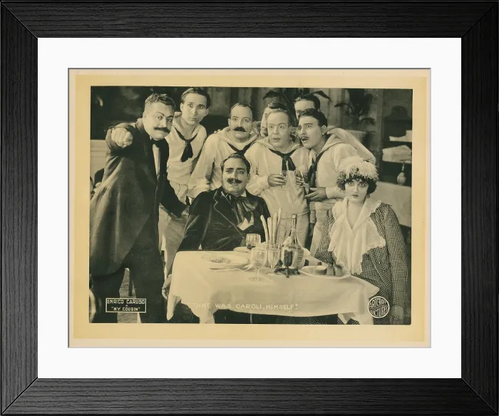 Framed Print : MY COUSIN, lobbycard, Enrico Caruso (sitting, center), 1918