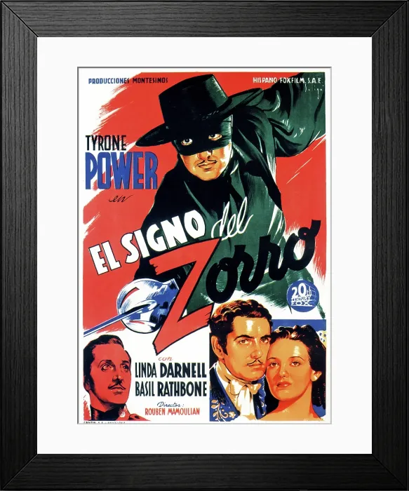 Framed Print : THE MARK OF ZORRO, (aka EL SIGNO DEL ZORRO), Tyrone Power (top), bottom from left: Basil Rathbone, Tyrone Power, Linda Darnell, 1940