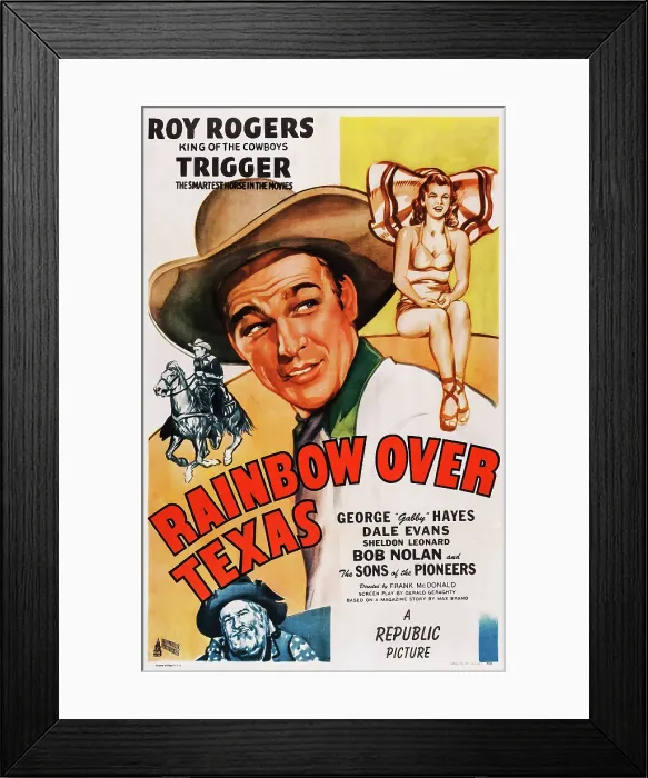 Framed Print : RAINBOW OVER TEXAS, US poster, from top: Dale Evans, Roy Rogers, Gabby Hayes, 1946