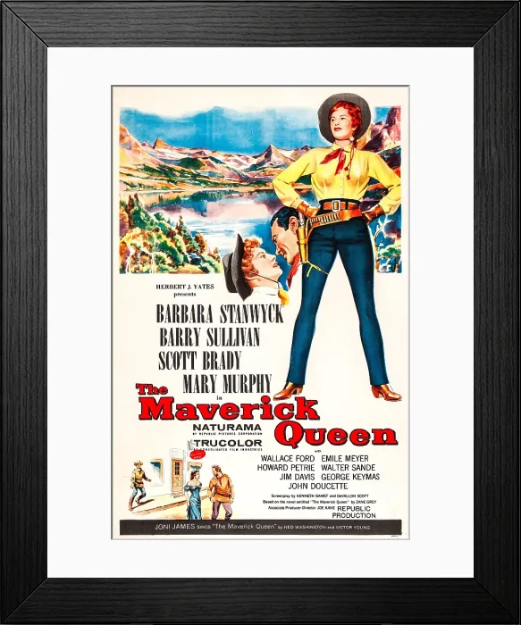 Framed Print : THE MAVERICK QUEEN, top left and right: Barbara Stanwyck, center: Barry Sullivan on poster art, 1956