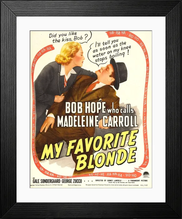 Framed Print : MY FAVORITE BLONDE, from left: Madeleine Carroll, Bob Hope on window card, 1942 Framed Print : MY FAVORITE BLONDE, from left: Madeleine Carroll, Bob Hope on window card, 1942