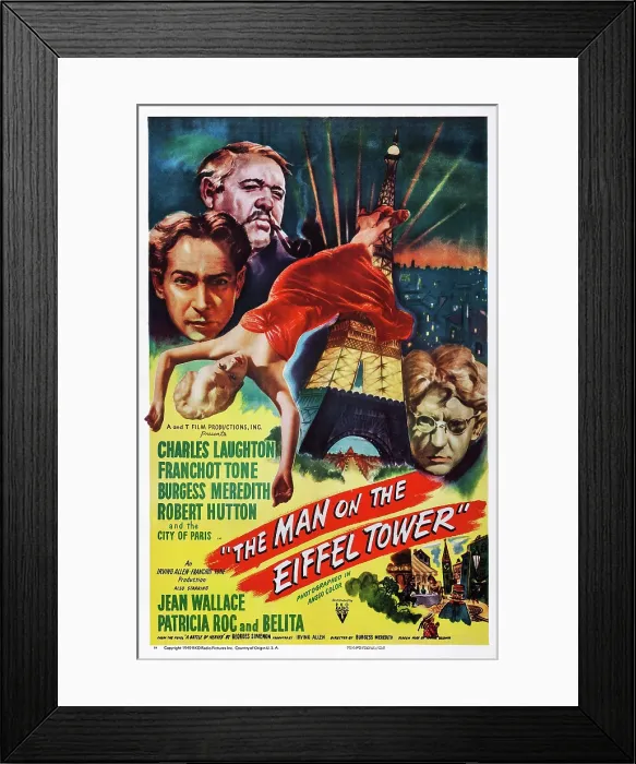 Framed Print : THE MAN ON THE EIFFEL TOWER, poster art, from top left: Charles Laughton, Franchot Tone, Belita, Burgess Meredith, 1949