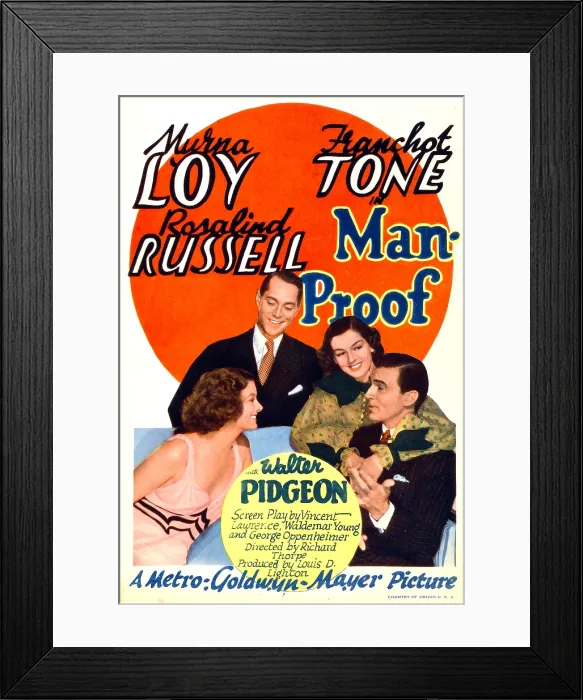 Framed Print : MAN-PROOF, from left: Myrna Loy, Franchot Tone, Rosalind Russell, Walter Pidgeon on midget window card, 1938